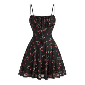 Cherry Print Ruched Bust Cami Summer Pastoral Short Style Dress